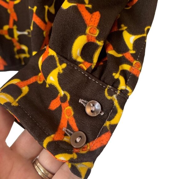 Vintage 70's Dark Brown, Yellow and Orange Equestrian Print Collared Button Up - Picture 4 of 12